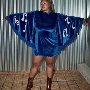 Blue Velvet Dress with Musical Note Design